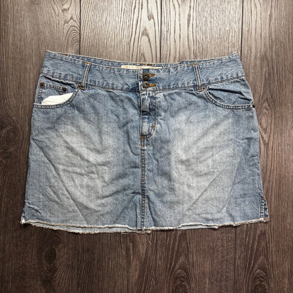 Vtg Route 66 Denim Mini Skirt Light Wash Raw Hem Blue 18 Cotton Casual Y2k